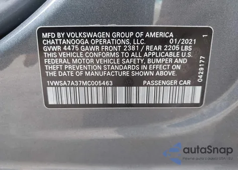 2021 Volkswagen Passat 2.0T Se из США, поврежденный, VIN 1VWSA7A37MC005463